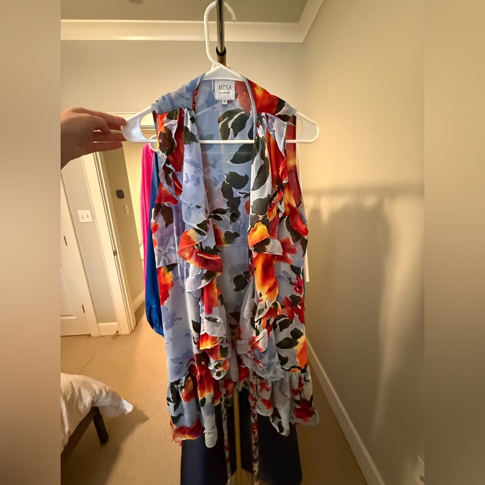 Misa Los Angeles Floral Ruffle Dress in Light Blue & Orange-Red